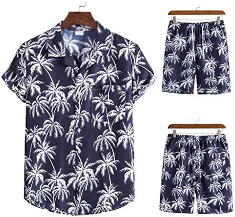JYDQM Yaz erkek havai gömleği Seti Kısa Kollu Baskılı Casual Düğme Aşağı Gömlek plaj şortu 2 Parça Tatil Takım Elbise (Renk: