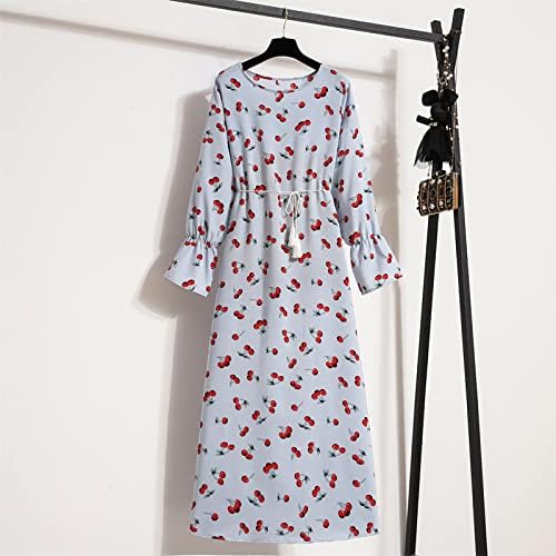 Çiçek Baskı Uzun Kollu Kemer Şifon elbise kadın Moda Sonbahar Elbiseler Crewneck Parti Maxi Elbise