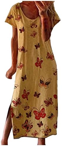 Kadın Midi uzun elbise Kısa Kollu O Boyun Yaz Elbiseler Ayçiçeği Kelebek Baskı Grafik Gömlek Elbise Bölünmüş Hem