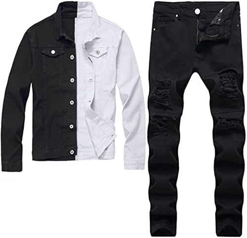 Erkek sonbahar siyah dikiş beyaz kot ceket ve yıpranmış pantolon iki parçalı Set