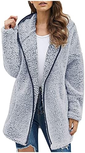 COKUERA Bayan Moda Kış Bulanık Ceket Zarif Düz Renk Polar Kapşonlu Hırka Mont Rahat Zip Giyim Cepler ıle