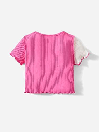 MakeMeChic Bebek kızın Renk Bloğu Marul Trim Kısa Kollu Nervürlü Örgü Tee Gömlek Tops