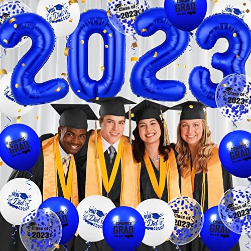 2023 Mezuniyet Partisi Süslemeleri Balon Seti-40 inç Mavi Numara 2023 Alüminyum Folyo Balonlar ve 18 Adet Mavi Beyaz Mezuniyet