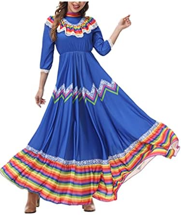 ranrann kadın 3/4 Kollu Meksika Dans Elbise Lirik Çiçek Renkli Şerit uzun elbise Festivali Kostüm