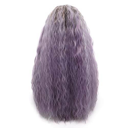 Meiyite Saç Kıvırcık Uzun 24 inç Koyu Kök Açık Mor ve Beyaz Mix Ombre Ağır Yoğunluk Gerçekçi Sentetik Dantel ön peruk