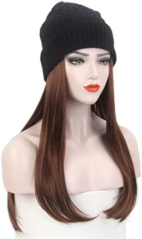 LUKEO Bayanlar Saç Şapka Siyah Örme Şapka Peruk ile Uzun Düz Saç Kahverengi Peruk Şapka